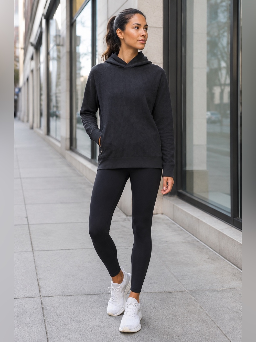 Lululemon Black Textured Hooded Pullover Hoodie Zip Pocket Women's S
